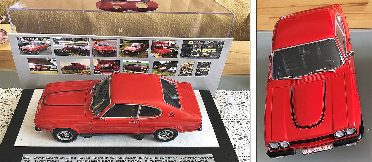Die hier zu sehende erste Nachbildung war der Capri RS 2600 meines Bruders, zum 60. Geburtstag. Er hat sich sehr darüber gefreut, hier in der eigens angefertigten Geschenkbox zu sehen.